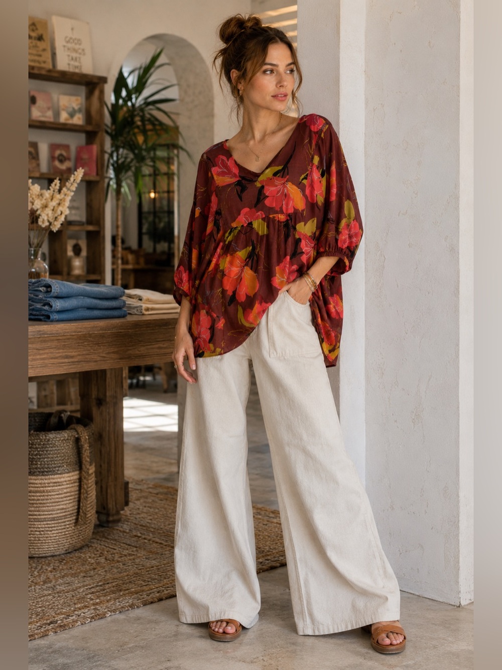 Maeve by Anthropologie Beth Dolman Floral Tunic Blouse Maroon Multi Size Small